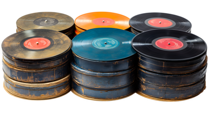 Music vinyl records arranged aesthetically isolated on white background