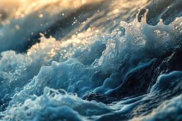Ocean waves crashing on rocks at sunset, creating a dramatic display of foam and light.