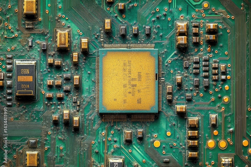 Poster A dusty, aged circuit board with a central processor, showing signs of wear and tear.