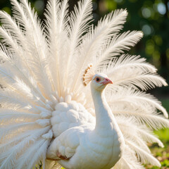 Fototapeta premium Elegant white peacock displaying its feathers in a garden 