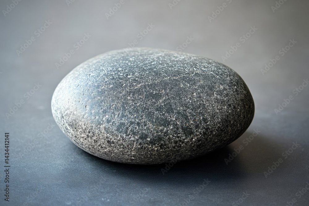 Poster a single, smooth, dark gray stone rests on a matching surface, exhibiting a subtle texture.