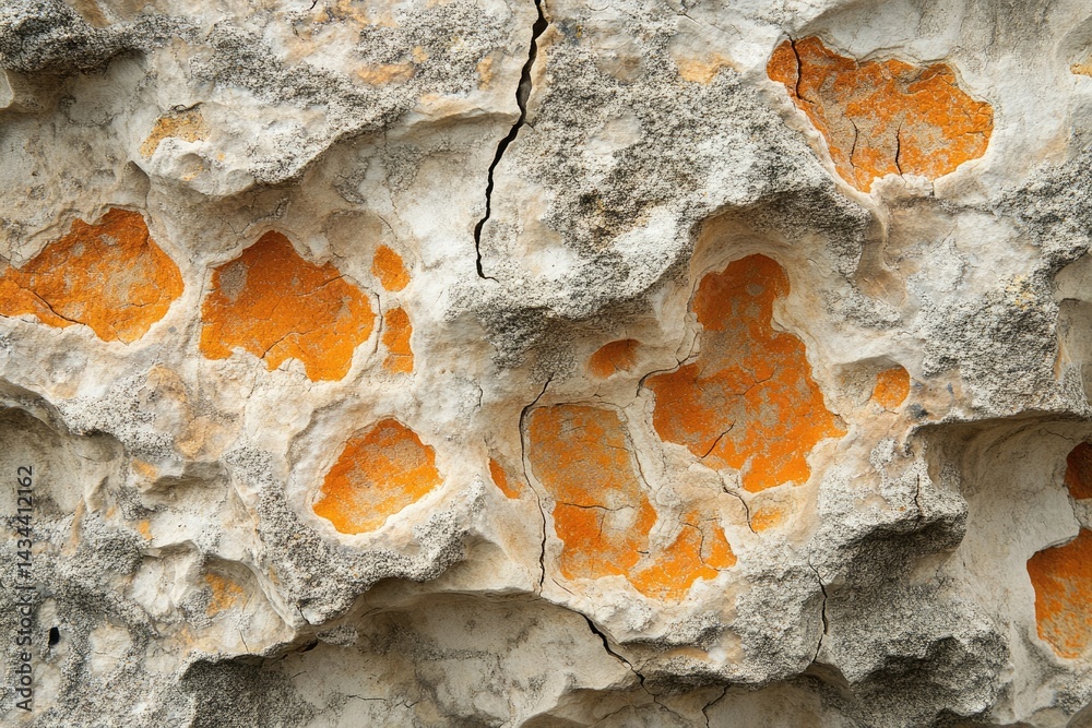 Fototapete Close-up of weathered rock surface with orange lichen patches creating a textured pattern.