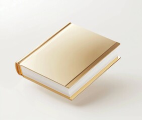 A gold-colored hardback book with white pages, floating in mid-air