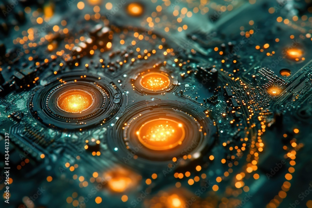 Aufkleber close-up of a futuristic circuit board with glowing orange components, showcasing intricate technolo