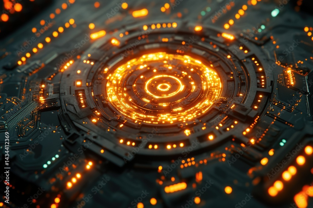 Poster futuristic glowing circuit board with concentric rings of orange light, depicting advanced technolog