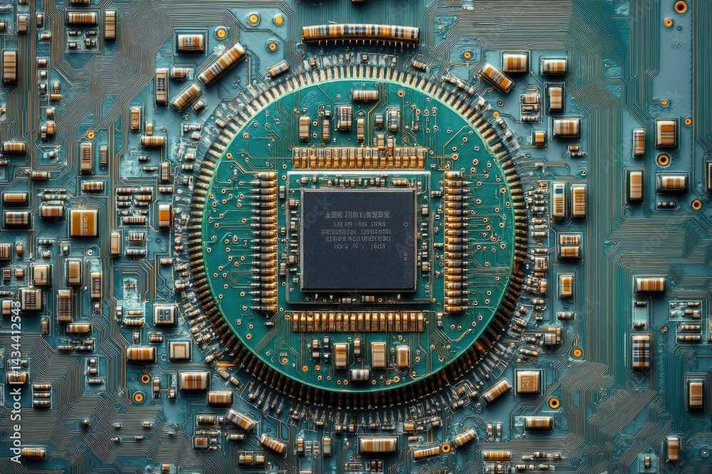 Fototapete close-up of a circuit board showcasing intricate electronic components and pathways.