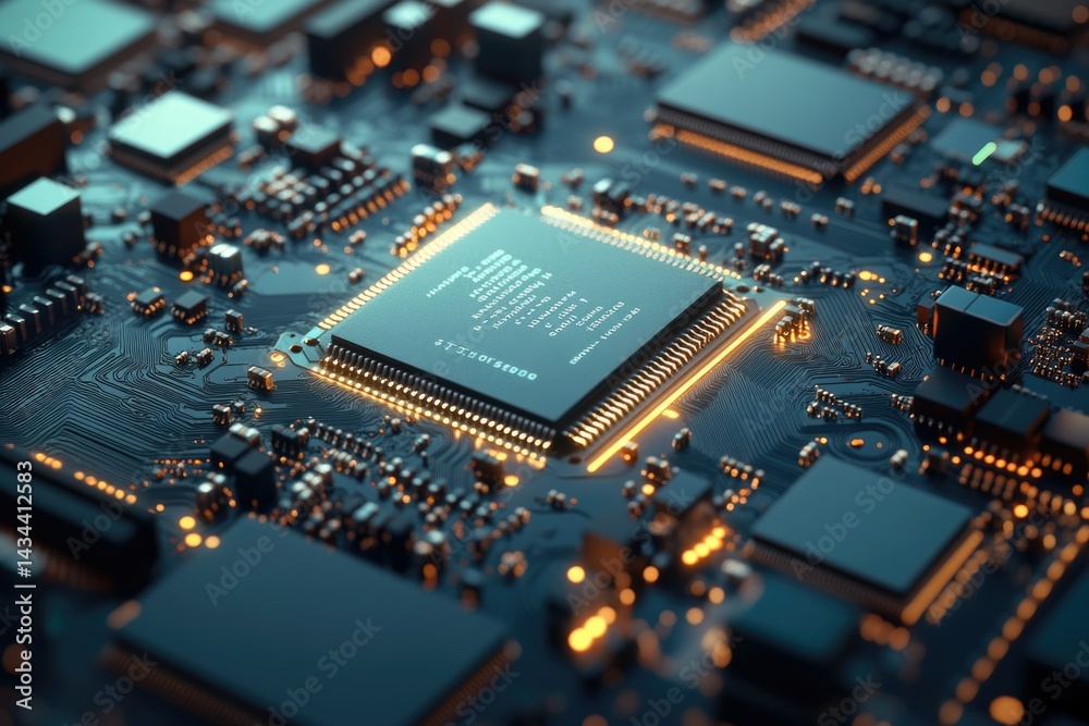 Poster Close-up of a circuit board showcasing a central processor unit and intricate circuitry.