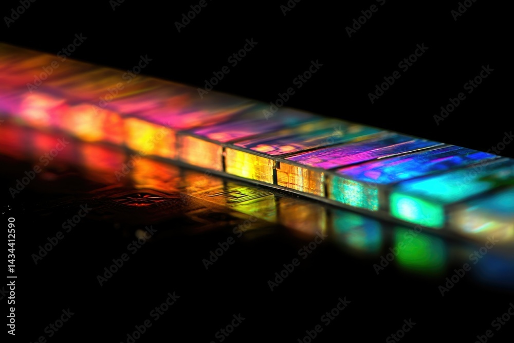 Leinwandbilder A vibrant array of iridescent blocks, reflecting a spectrum of colors in a dark setting.
