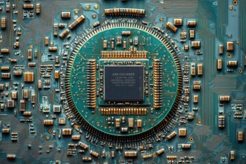 Close-up of a circuit board showcasing intricate electronic components and pathways.