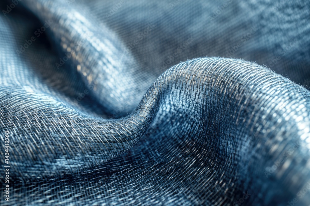 Poster close-up of textured blue fabric, showcasing its woven pattern and subtle sheen.