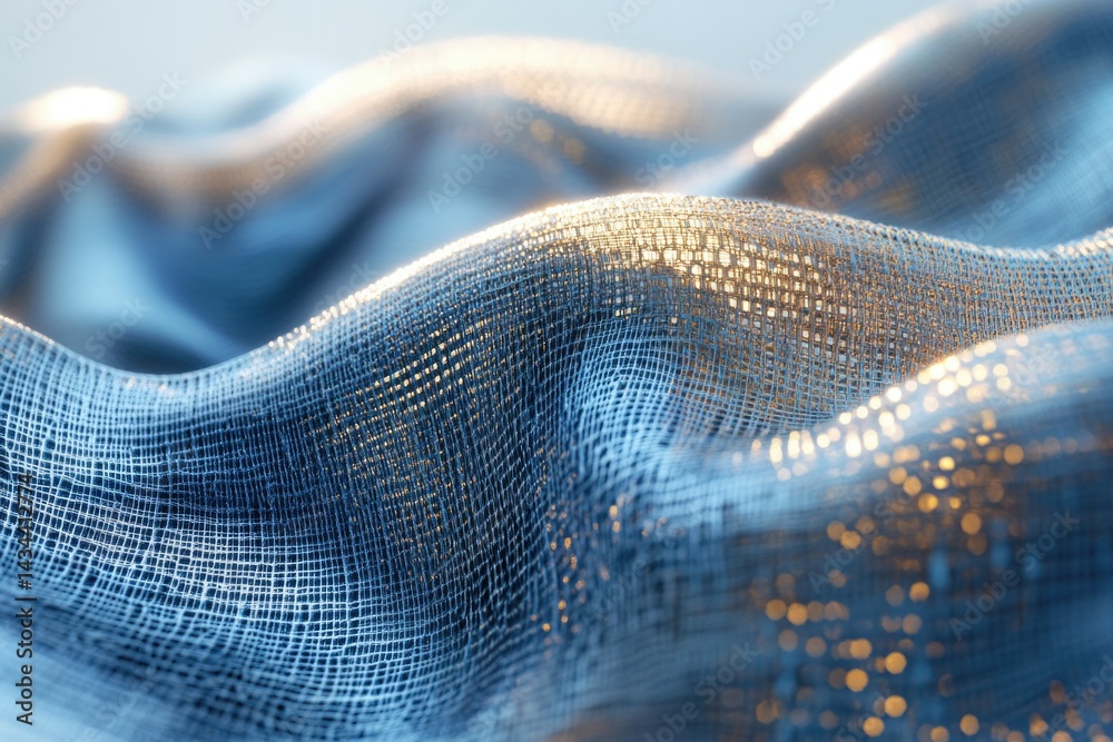 Aufkleber close-up of a blue, grid-like fabric with a soft, undulating texture illuminated by warm light.