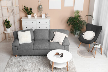 Cozy sofa with cushions, armchair and coffee table in living room