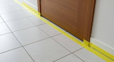 Masking tape applied to tile floor and baseboard next to a wooden door during renovation project, protecting surfaces painting process.