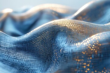 Close-up of a blue, grid-like fabric with a soft, undulating texture illuminated by warm light.