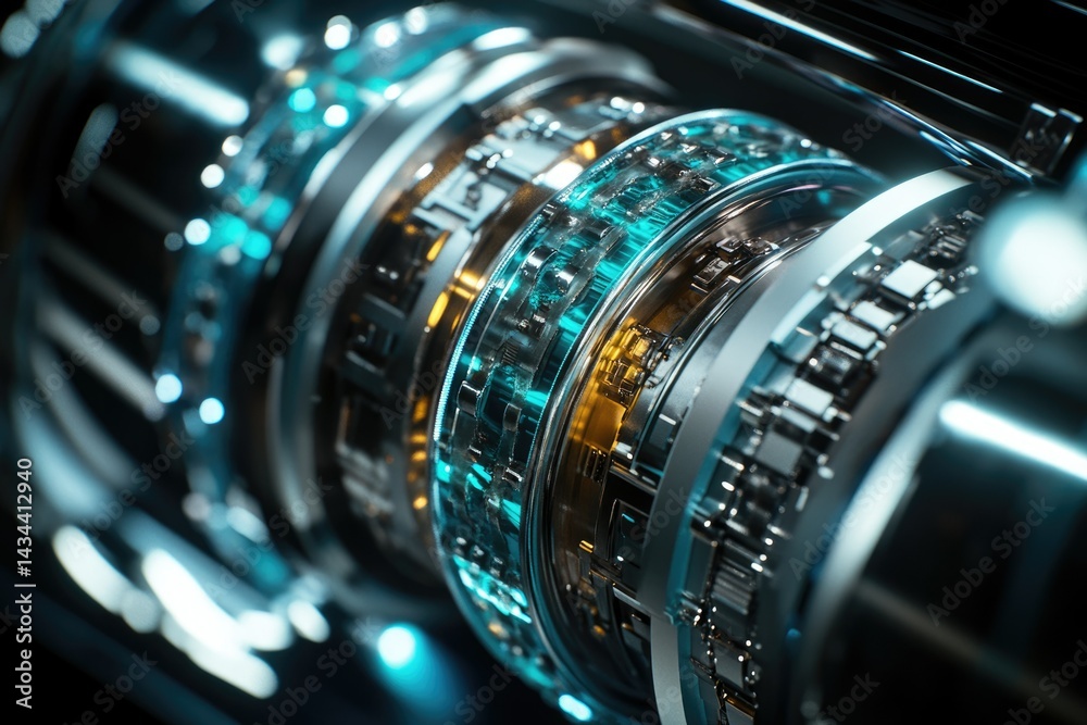 Poster close-up of intricate metallic gears, showcasing complex engineering and futuristic design.