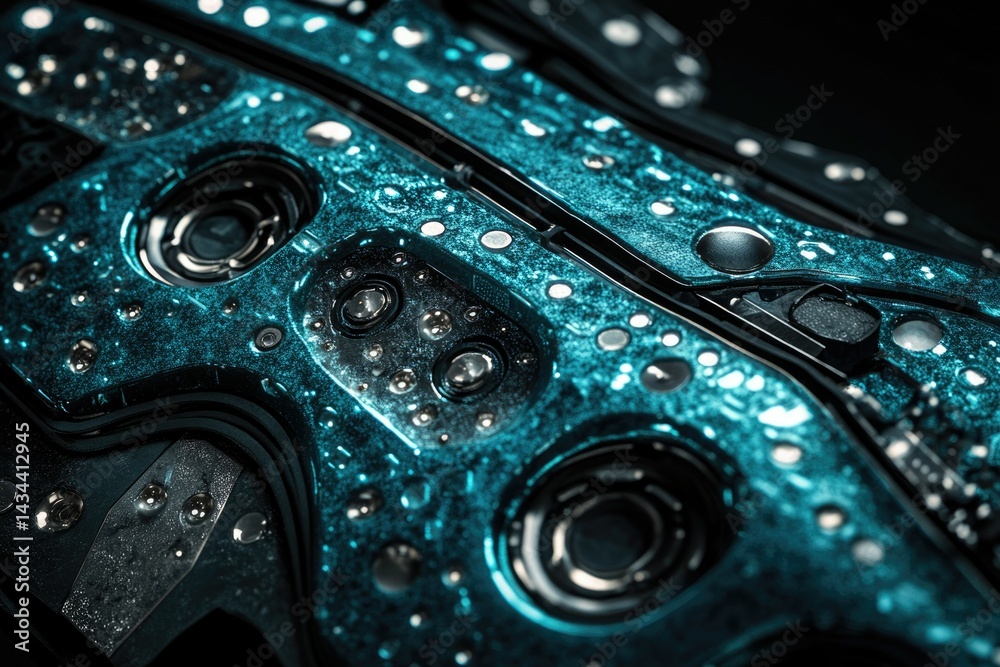 Aufkleber close-up of a teal, metallic, textured surface with circular components, possibly a futuristic or te
