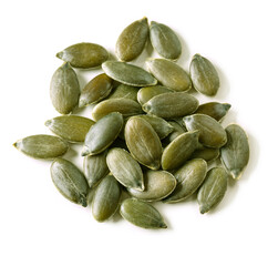 Pumpkin seeds isolated on a white background. Top view.