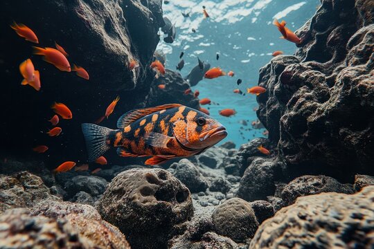 Red spotted Coronation Trout observing a camera at a coral reef cleaning station in Tulamben Bay Bali