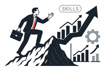 Determined businessman climbing upward arrow chart on a mountain, symbolizing business growth, career progression, skill enhancement, overcoming challenges, and achieving success vector.