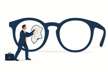 Business Vision and Clarity Concept: Professional Man Wiping Large Eyeglasses Lens for Improved Focus, Perspective, and Strategic Goal Achievement Illustration