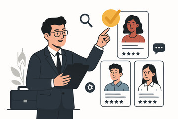 Hiring manager selects top job candidate profile with checkmark. Vector illustration of recruitment process, human resources, talent acquisition, employee search, and job interview.
