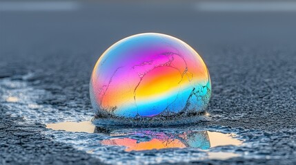 Obraz premium Iridescent bubble rests on wet surface, reflecting light