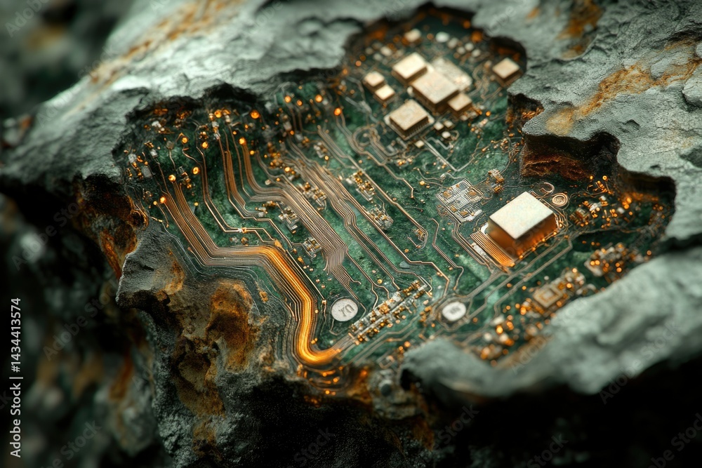 Aufkleber A circuit board embedded in a weathered, rocky surface, glowing with an otherworldly luminescence.