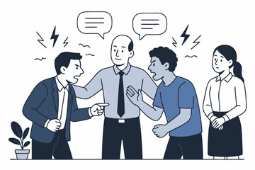 Workplace Conflict Resolution Vector Illustration Showing Manager Mediating Heated Argument Between Angry Colleagues in Office, Communication Breakdown and Dispute Management Concept