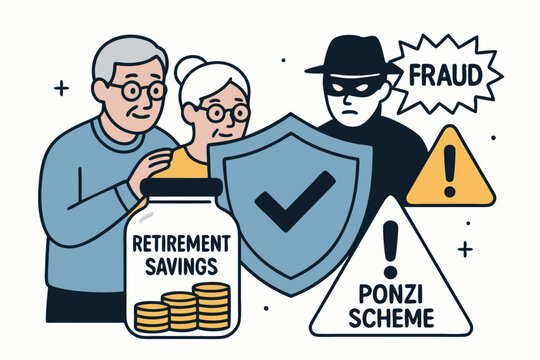 Protecting pension funds: Elderly couple uses security shield to guard retirement savings jar from financial fraud, thief, and Ponzi scheme risks vector graphic. - Powered by Adobe