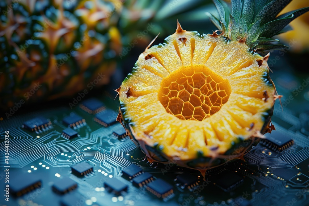 Poster a juicy pineapple slice rests on a circuit board, symbolizing the intersection of nature and technol