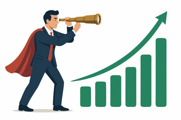 Visionary businessman in superhero cape uses telescope to forecast rising investment graph. Flat vector concept for financial foresight, market analysis, growth strategy, and future success.