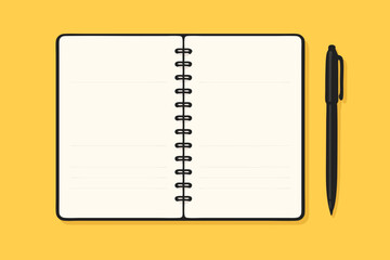 Minimalist flat design vector illustration of an open spiral bound notebook with empty lined pages beside a black pen, ideal for notes, journaling, planning, or study concepts on yellow.