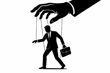 Silhouette Vector Illustration of Puppet Master Manipulating Businessman on Strings: Concept of Corporate Power, Control, Influence, and Subordination in the Workplace.