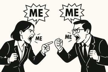 Black and white vector art of angry business man and woman shouting ME, illustrating narcissistic conflict. Simple graphic depicting office argument, ego clash, selfish disagreement, confrontation.