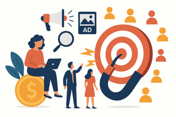 Vector concept of Targeted Marketing and Customer Acquisition with magnet attracting audience, business team, woman on coin with laptop, megaphone, search icon, and digital ad.
