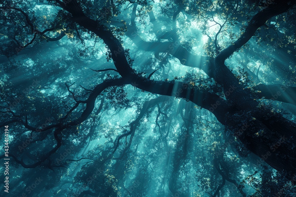 Poster sunbeams pierce through a mystical, fog-laden forest, illuminating ancient, gnarled trees.