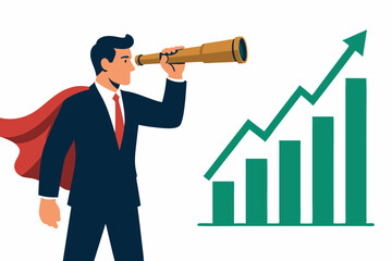 Business leader as superhero with telescope analyzing future market trends and investment growth shown on rising graph. Financial vision, foresight, strategy, success vector.