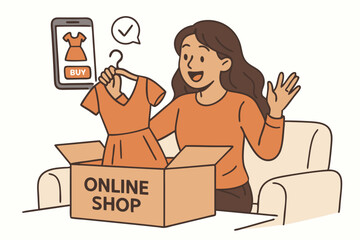 Happy woman excited about unboxing her new dress ordered online. Vector illustration depicting joyful online shopping experience, e-commerce fashion purchase, and home delivery satisfaction.
