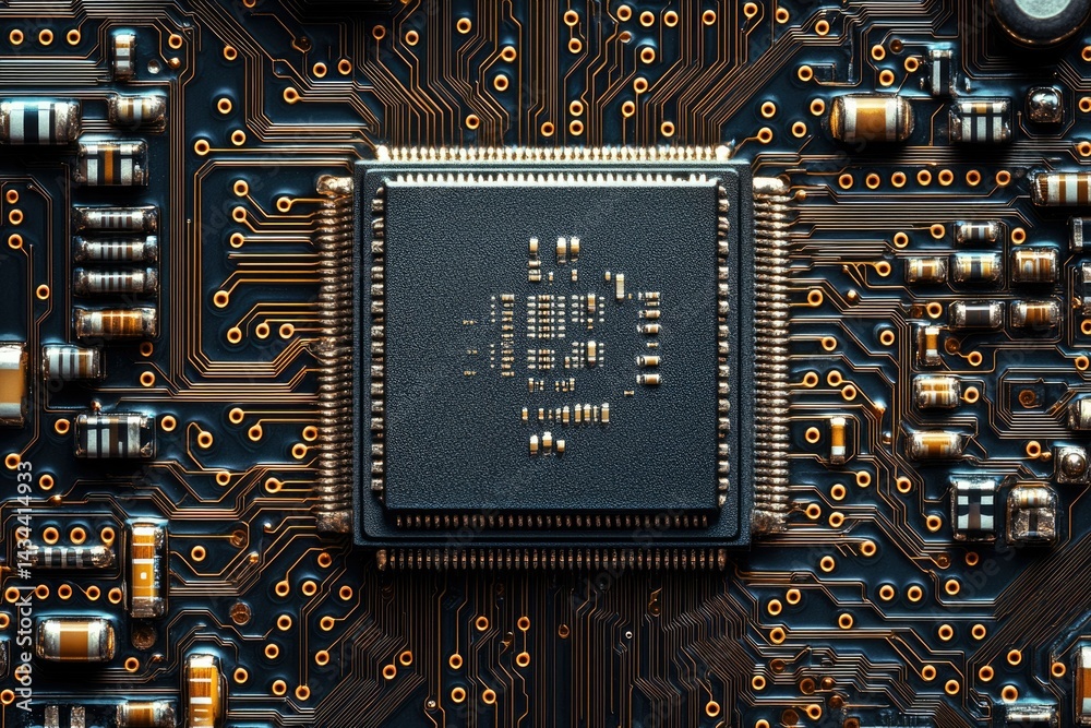 Poster Close-up of a microchip on a circuit board, showcasing intricate circuitry and technological detail.