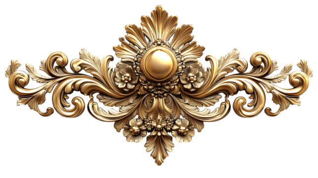 Ornate golden baroque ornament with intricate details, isolated on white background