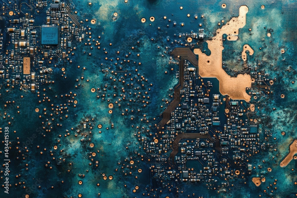Poster close-up of a weathered teal circuit board, showcasing intricate electronic components and aged copp