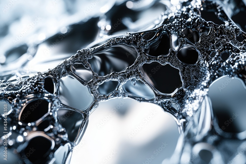 Poster Abstract close-up of a metallic, liquid-like substance forming intricate, interconnected shapes.
