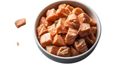 Overhead view of canned tuna in bowl showcasing nutritious seafood meal isolated on white background