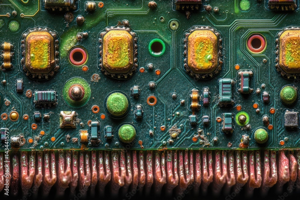 Poster close-up of a weathered circuit board, showcasing intricate electronic components and aged copper tr