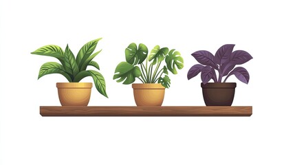 Obraz premium Three vibrant houseplants in terracotta pots displayed on a simple wooden shelf.
