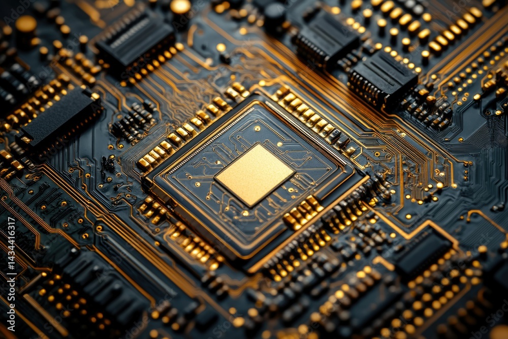 Fototapete close-up of a circuit board showcasing intricate gold circuitry and a central processor.