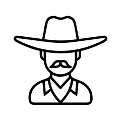 Vector graphic of a cowboy with hat and mustache, wild west character line art illustration