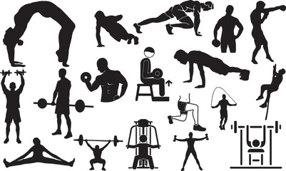 fitness silhouette, workout vector, gym exercise illustration, bodybuilding silhouette, weightlifting vector, strength training graphic, man exercising clipart, fitness icons, workout poses, gym worko