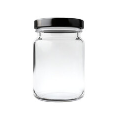 Empty Glass Jar with Black Lid on white background