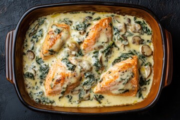 Salmon florentine in creamy spinach and mushroom sauce viewed from above against a dark backdrop